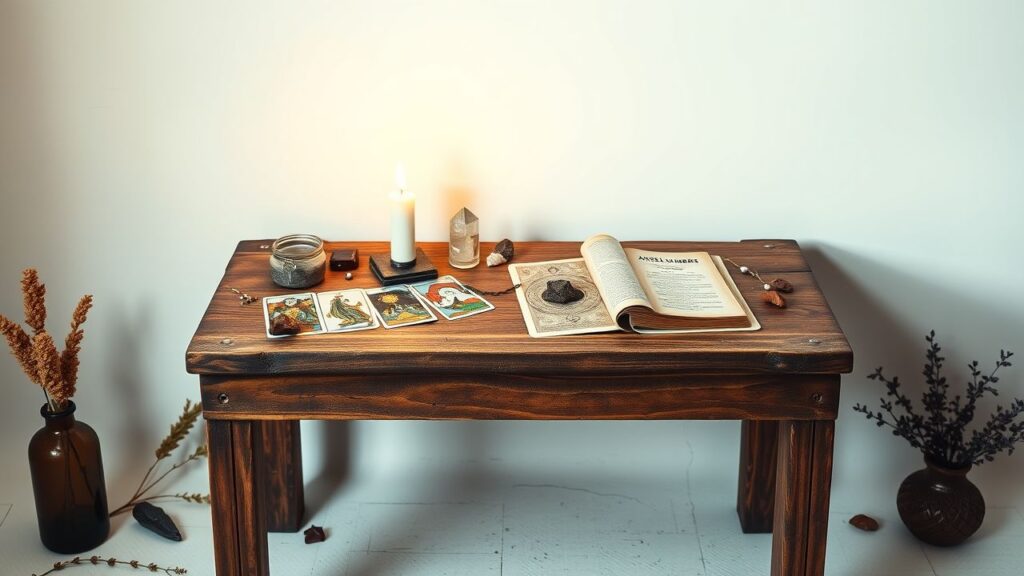 Een mystieke tafel met tarotkaarten, engelnummers en kristallen.