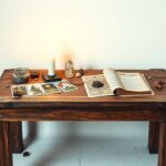 Een mystieke tafel met tarotkaarten, engelnummers en kristallen.