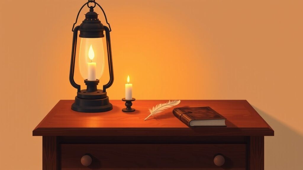 Een antieke houten bureau met verlichte kaars, veer en dagboek.