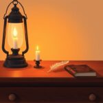 Een antieke houten bureau met verlichte kaars, veer en dagboek.