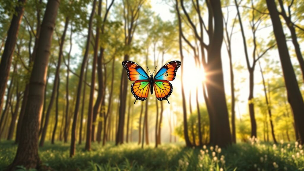 Een rustig bos met een kleurrijke vlinder met het nummer 5.