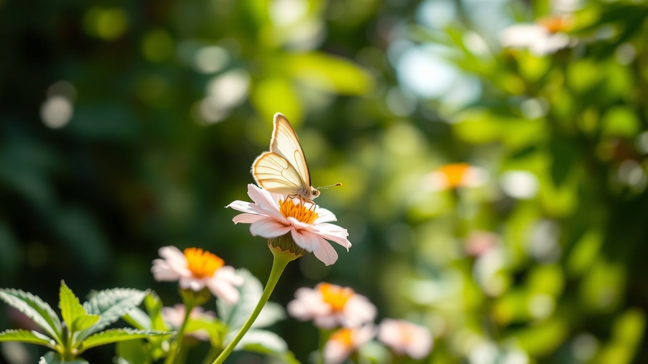 Een vlinder rustend op een bloeiende bloem in een serene tuin.