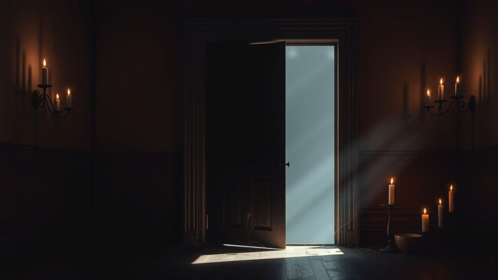 Een oude, verlaten deur in een donkere kamer met kaarslicht.