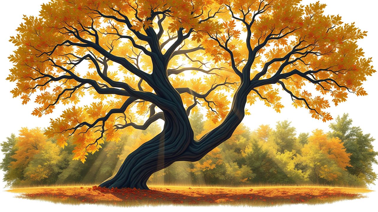 Een oude boom verliest zijn bladeren in een rustig bos.