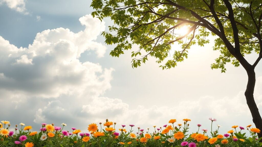 Een rustige tuin vol heldere bloemen onder een bewolkte lucht.