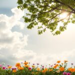 Een rustige tuin vol heldere bloemen onder een bewolkte lucht.