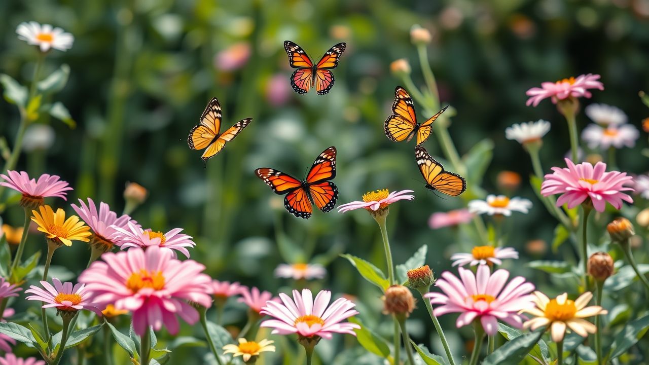 Een rustige tuinscene met vijf kleurrijke vlinders en bloeiende bloemen.