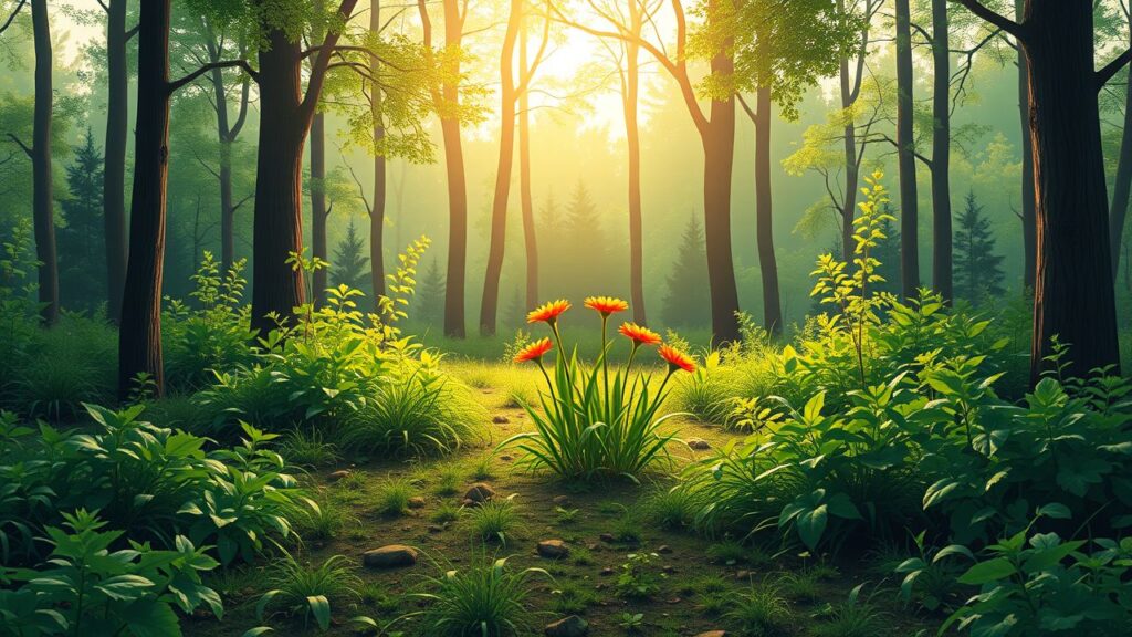 Een rustige bosopening met vijf heldere bloemen symboliseert groei en nieuwe begin.