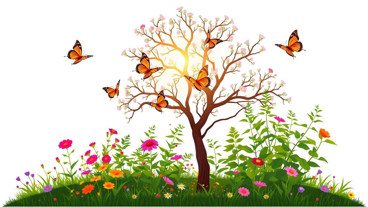 Een rustige tuinscène met vlinders en bloeiende bomen.