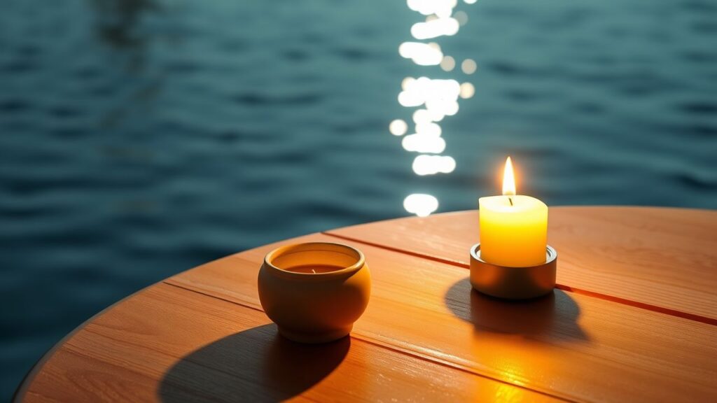 Een gezellige tafel met kaarslicht aan het water symboliseert sereniteit.