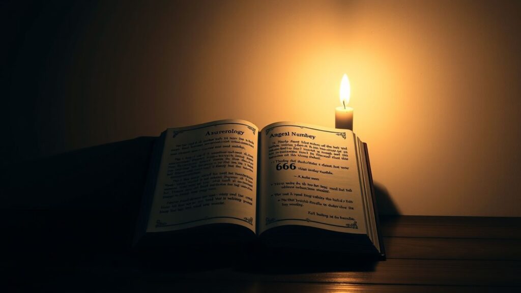 Een kaars verlicht een oud boek over numerologie en de engelnummer 666.
