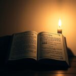 Een kaars verlicht een oud boek over numerologie en de engelnummer 666.