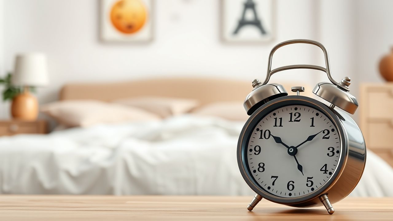 Een klassieke alarmklok met glanzende cijfers 111 in een gezellige slaapkamer.