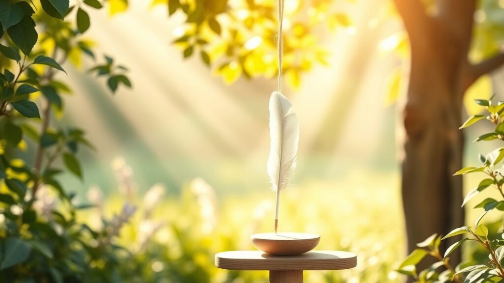 Een enkele witte veer zweeft boven een houten weegschaal in een rustige tuin.