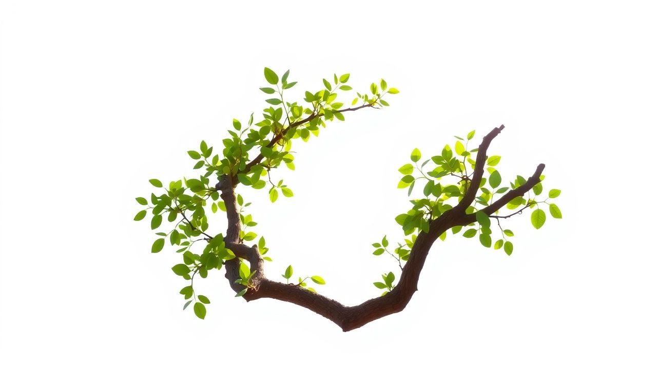 Een foto van twee met elkaar verweven boomtakken met groene bladeren.