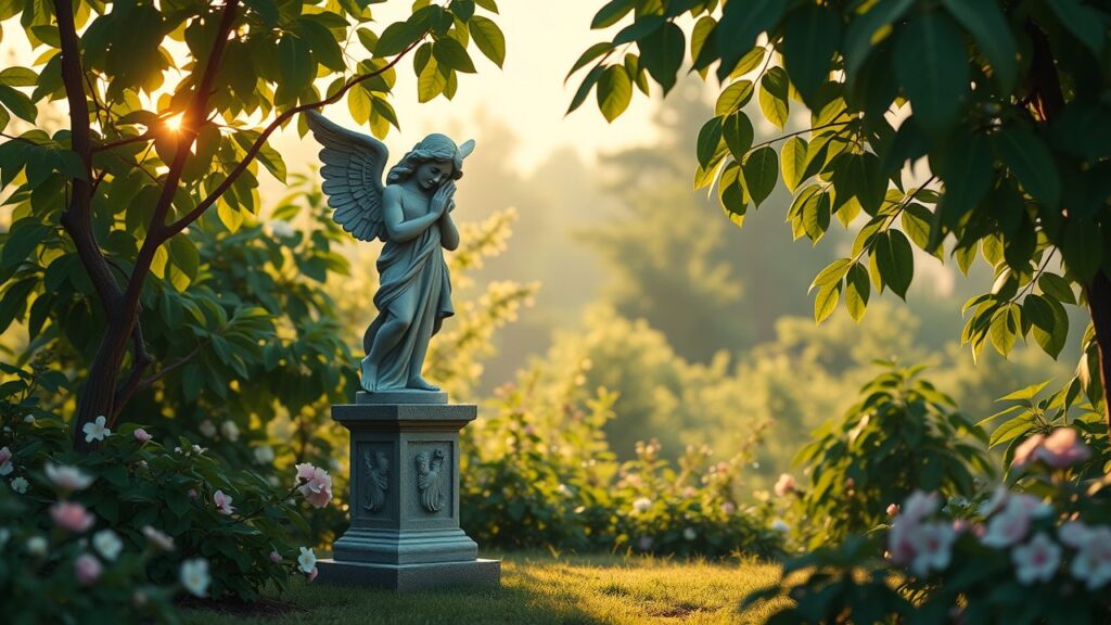 Een rustige tuin met een engelenstandbeeld bij schemering.