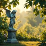 Een rustige tuin met een engelenstandbeeld bij schemering.