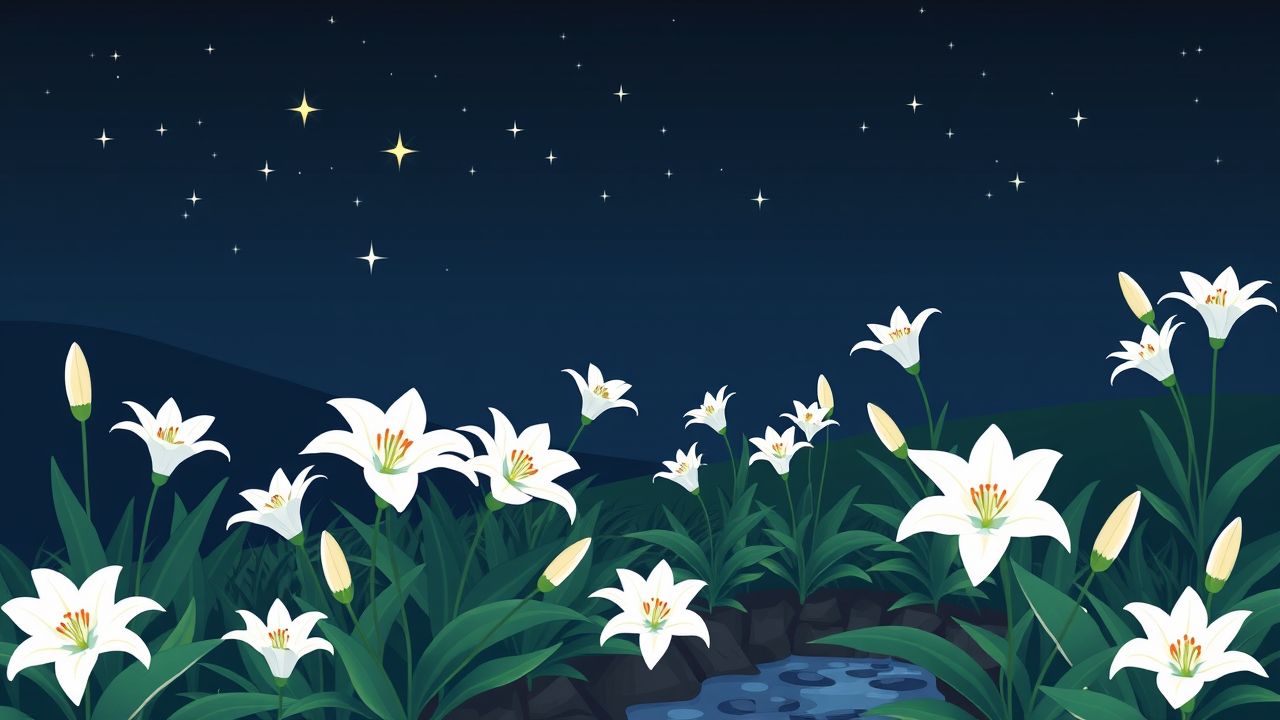 Een rustige tuin met witte lelies onder een heldere nachtelijke hemel. Een rustige tuin met witte lelies onder een heldere nachtelijke hemel.