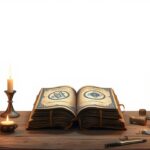 Een oud en mysterieus boek omringd door kaarsen in een donkere kamer.