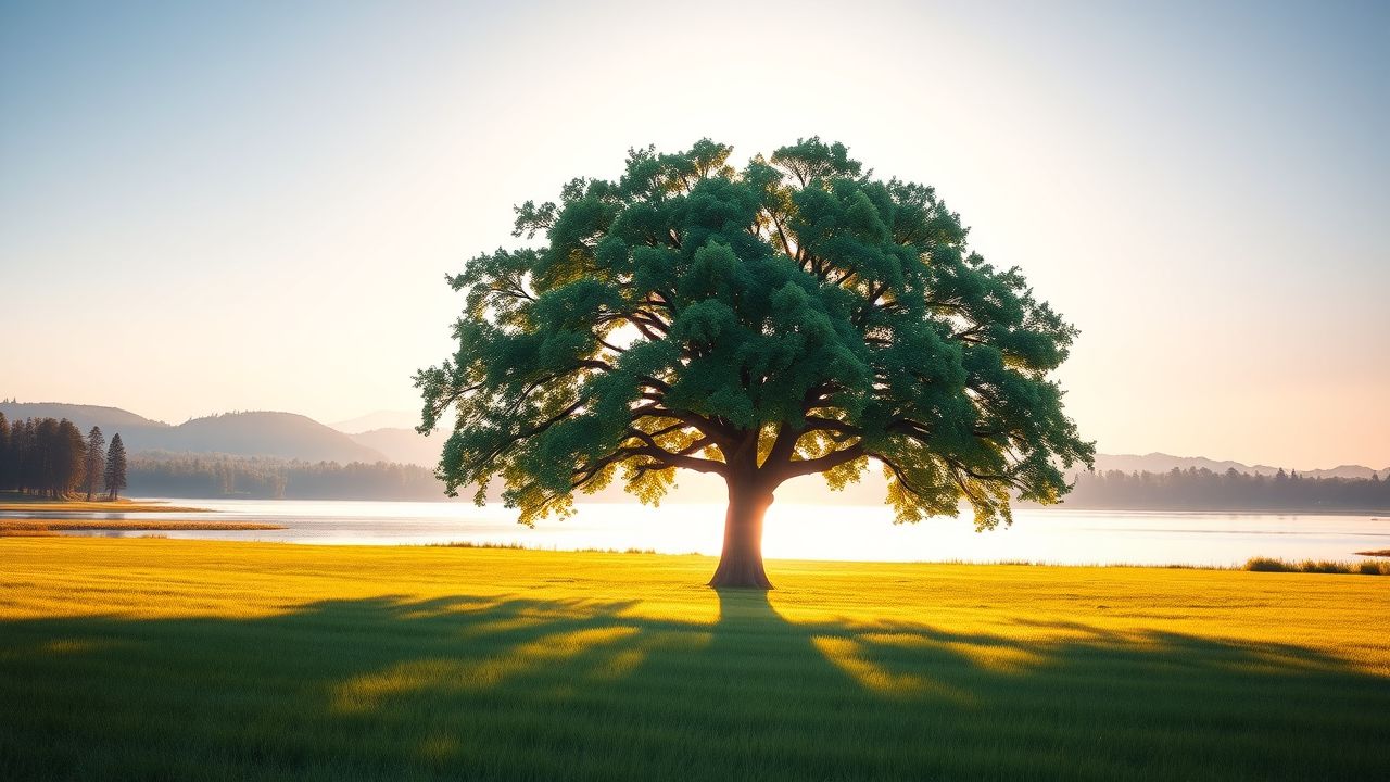 Een rustig landschap met een grote eikenboom bij zonsopgang. Een rustig landschap met een grote eikenboom bij zonsopgang.