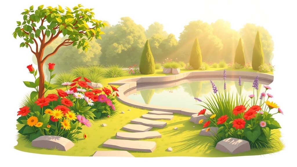 Een vredige tuin met kleurrijke bloemen en een vijver.