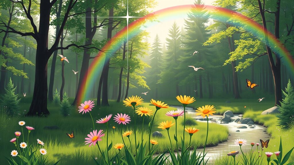 Een zonovergoten bosweide met bloemen, regenboog en vliegende vogels.