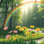 Een zonovergoten bosweide met bloemen, regenboog en vliegende vogels.