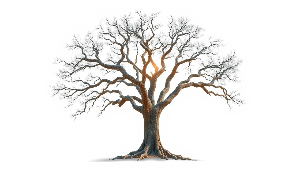 Een oude boom met zeven takken omringd door een mystieke nevel. Een oude boom met zeven takken omringd door een mystieke nevel.