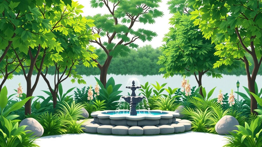 Een vredige tuin met een fontein en het cijfer 8.