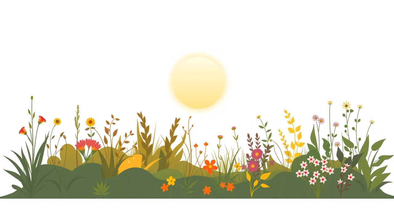 Een rustige tuin met planten en bloemen bij zonsondergang, met het cijfer 8.