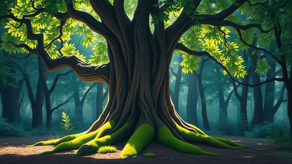 Een weelderige, oude eikenboom in een betoverend bos.