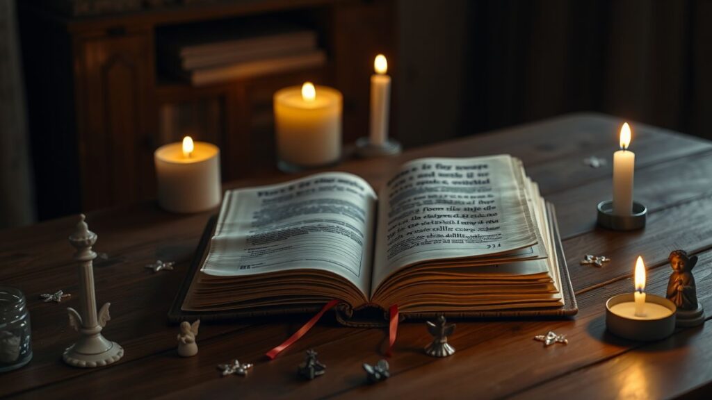 Een oude dagboek open op een tafel met engelenfiguurtjes.