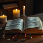 Een oude dagboek open op een tafel met engelenfiguurtjes.