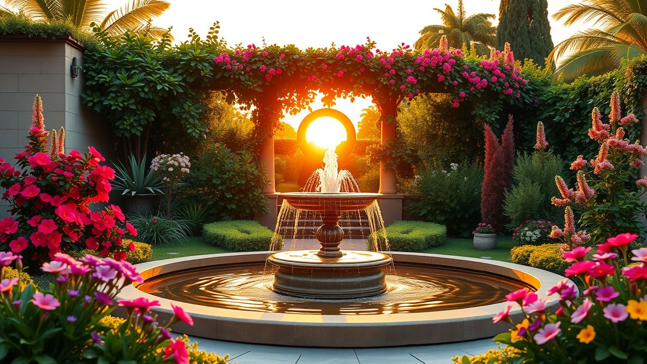 Een serene tuin met een fontein, omgeven door planten en bloemen. Een serene tuin met een fontein, omgeven door planten en bloemen.