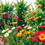 Een rustige tuin vol kleurrijke bloemen en groene planten.