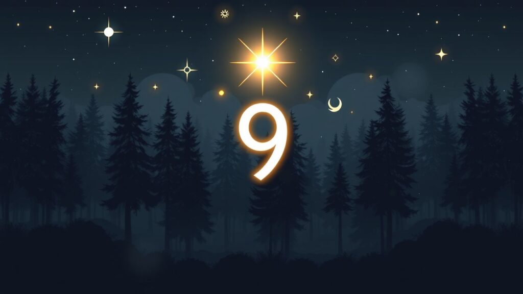 Een mystieke bossetting met een glanzend cijfer 9 en hemelse symbolen.