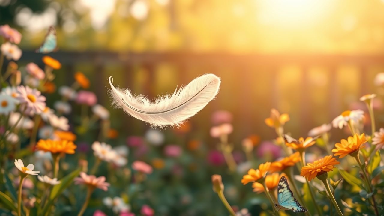 Een witte veer zweeft door een vredige tuin vol bloemen.