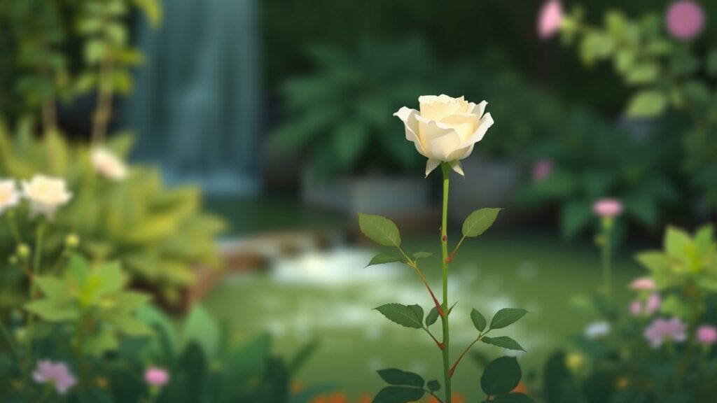 Een rustige tuin met een witte roos en weelderige groene planten.