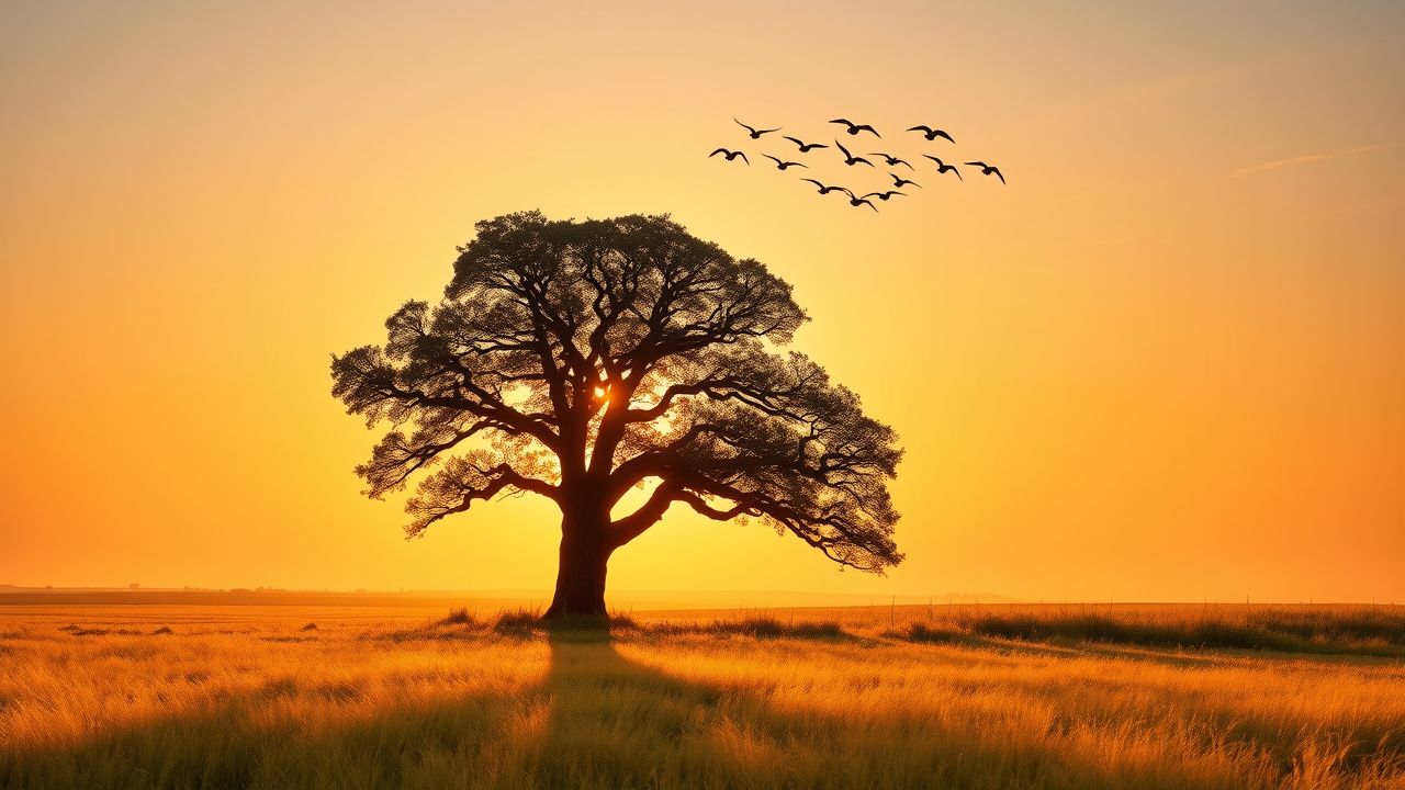 Een solitaire eikenboom staat prominent in een veld tijdens zonsondergang, met vogels die in een V-formatie vliegen.