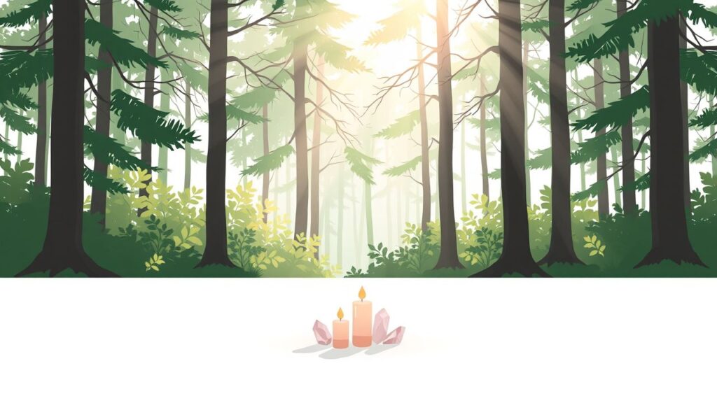 Een vredige bos clearing met kristallen en kaarsen.