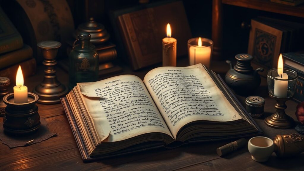 Een oude boek met mystieke symbolen en oude artefacten.