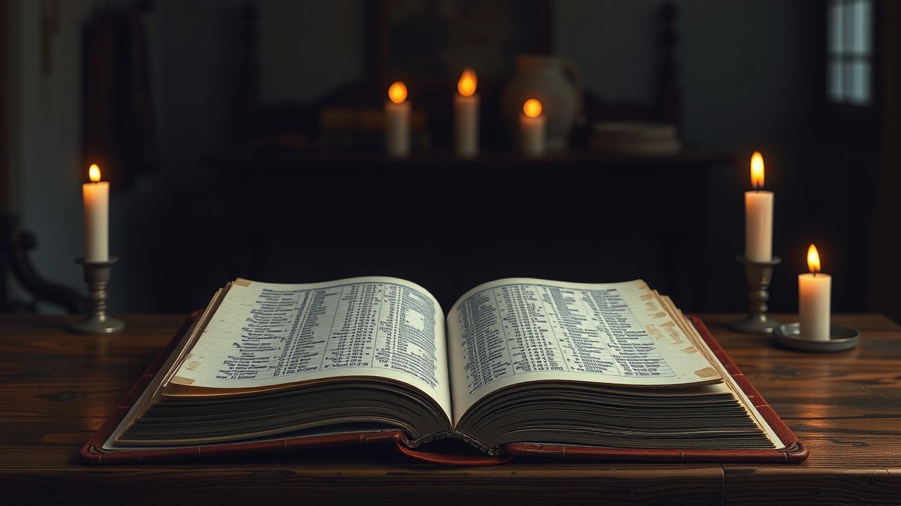 Een oude, versleten boek met numerieke patronen op een houten bureau.