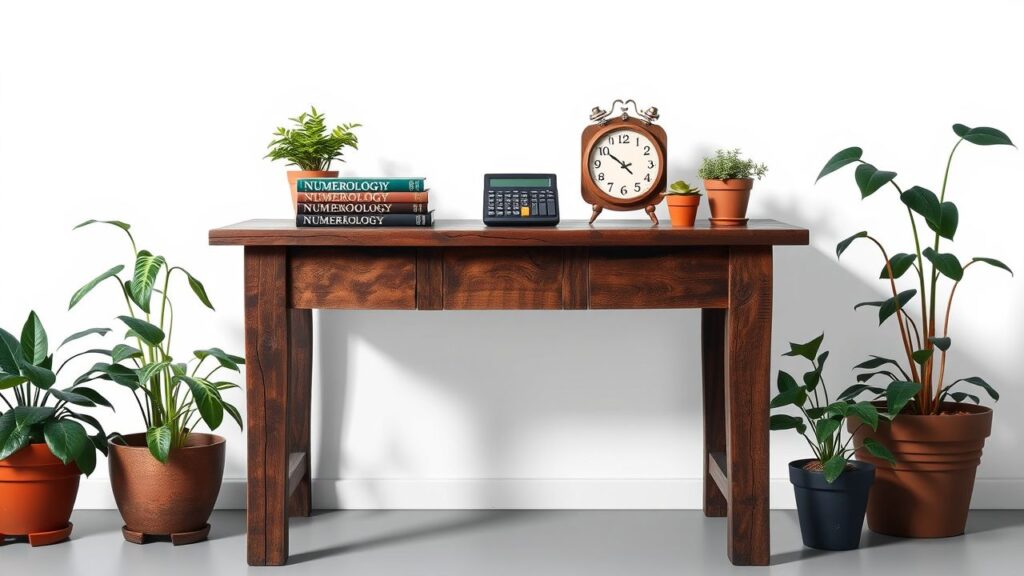 Een rustieke tafel met numerologie boeken, een rekenmachine en een vintage kalender.