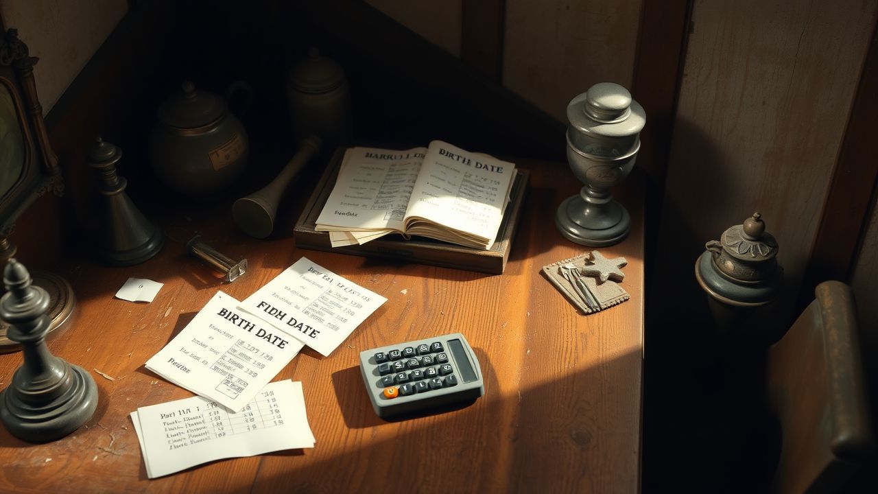 Een rommelig bureau met oude voorwerpen en berekeningen over geboortedata. Een rommelig bureau met oude voorwerpen en berekeningen over geboortedata.