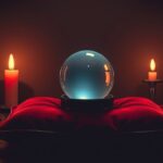 Een kristallen bol rust op een fluwelen kussen, omgeven door kaarslicht.