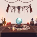 Een gezellige kamer met een tafel met kristallen bal en tarotkaarten.