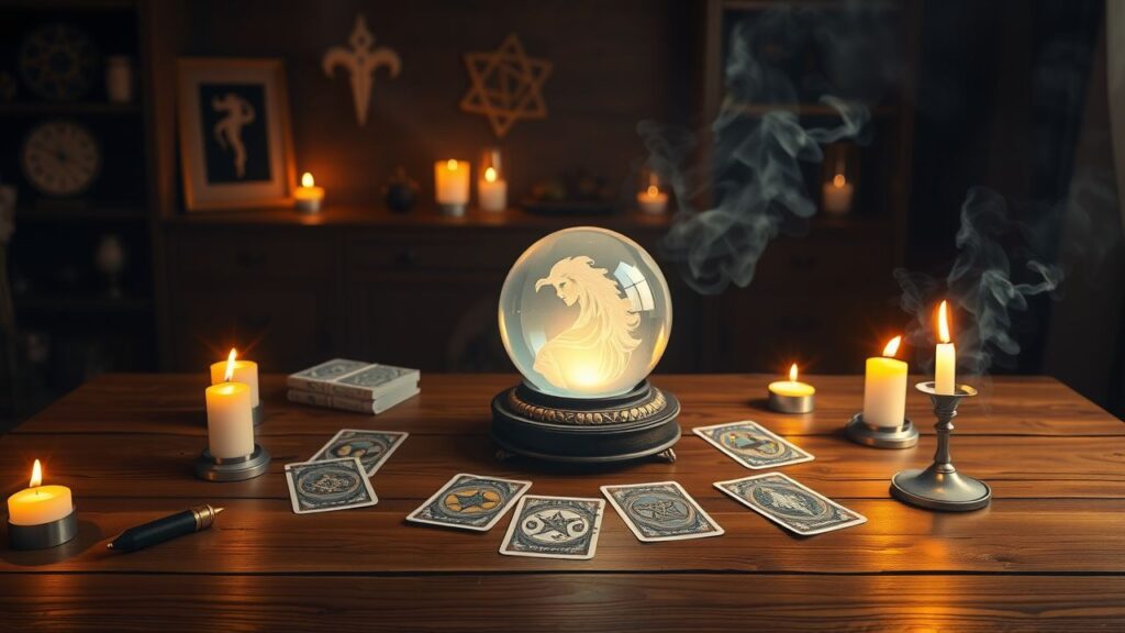 Een mystieke tafelsetting met kaarsen, een kristallen bol en tarotkaarten.