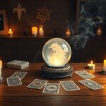 Een mystieke tafelsetting met kaarsen, een kristallen bol en tarotkaarten.