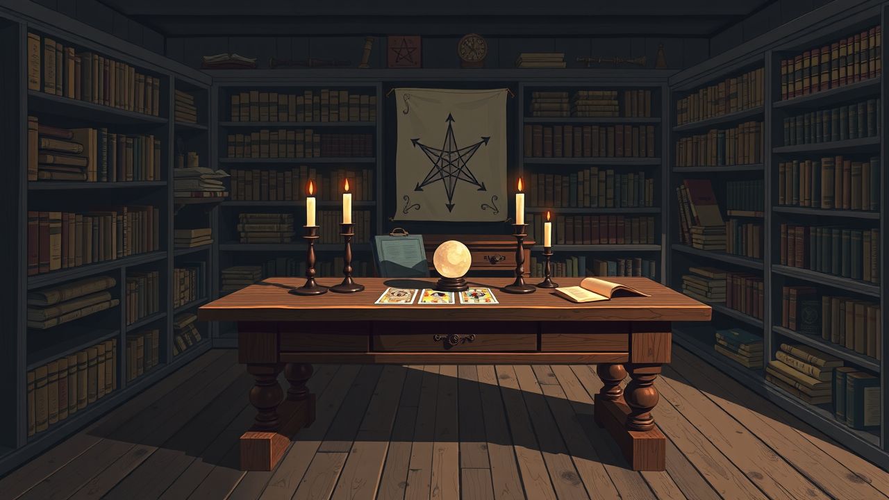 Een mystieke kamer met een tafel, kristallen bol, tarotkaarten en kaarsen.