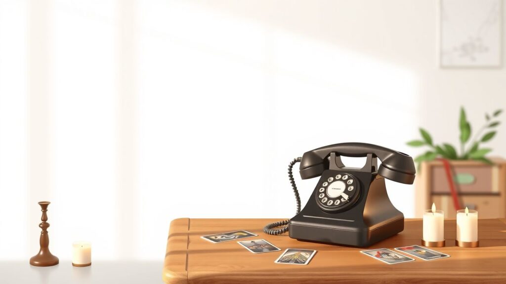 Een gezellige woonkamer met een vintage telefoon en tarot kaarten.